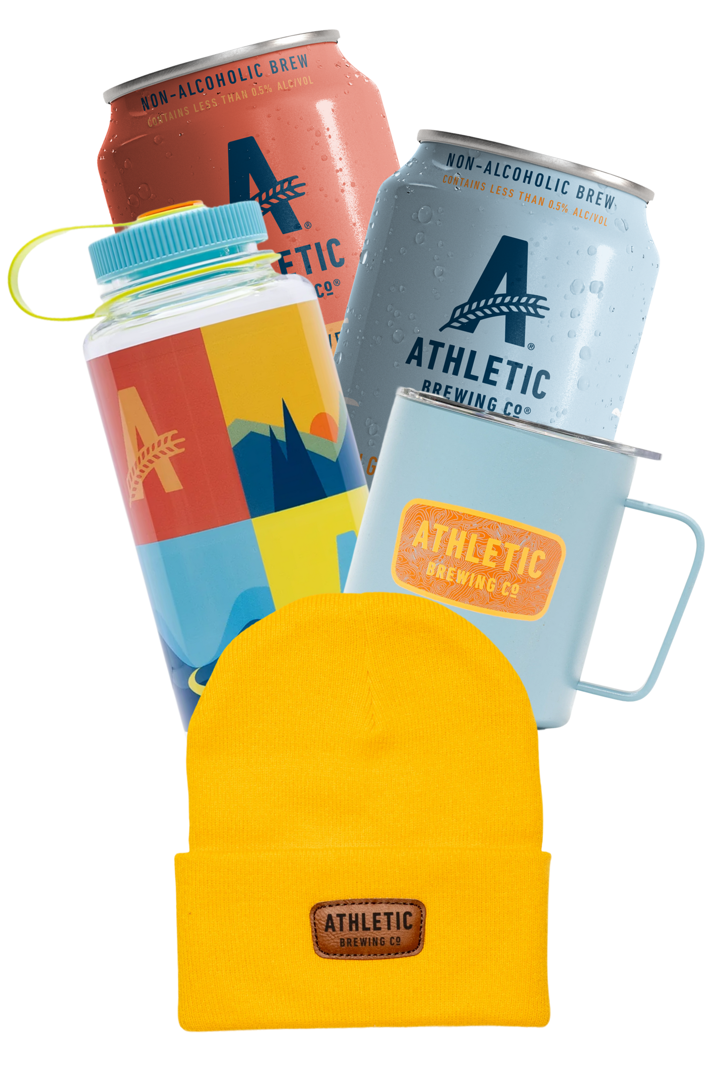 Athletic Brewing Co. products including cans, one nalgene 32oz water bottle, a camp mug and a beanienon