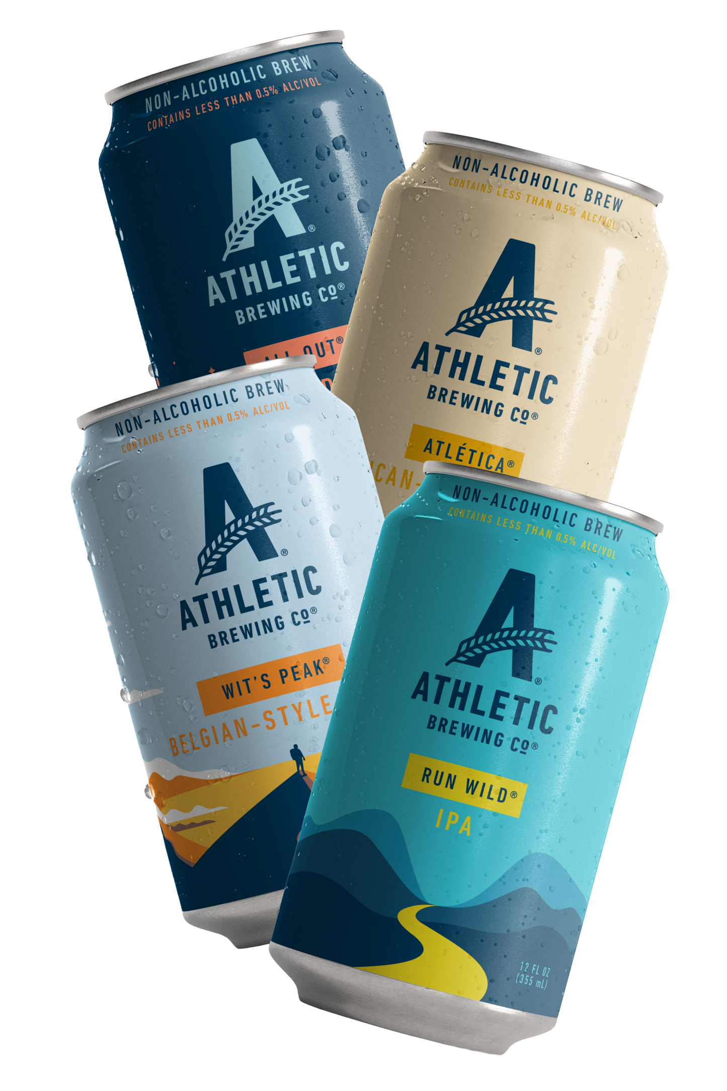 Five cans of Athletic Brewing Co. non-alcoholic brews on a white background