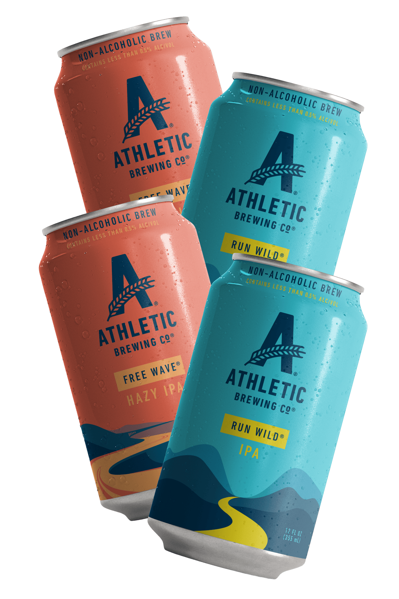 Four cans of Athletic Brewing Co. non-alcoholic brews on a transparent background