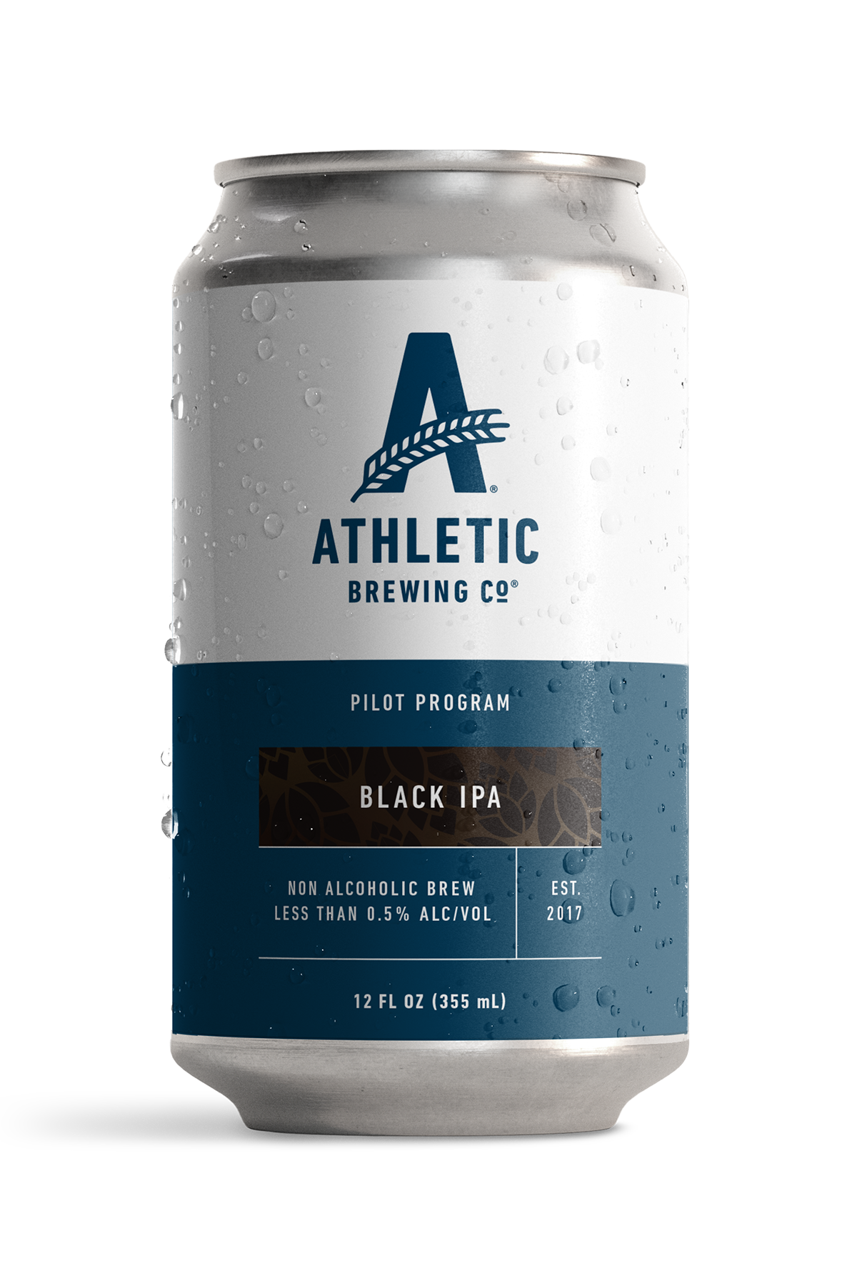12 fl oz can of Athletic Brewing Pilot Program Black IPA non-alcoholic brew, featuring a white and navy label with a dark patterned Black IPA banner, Athletic Brewing logo, and condensation droplets.