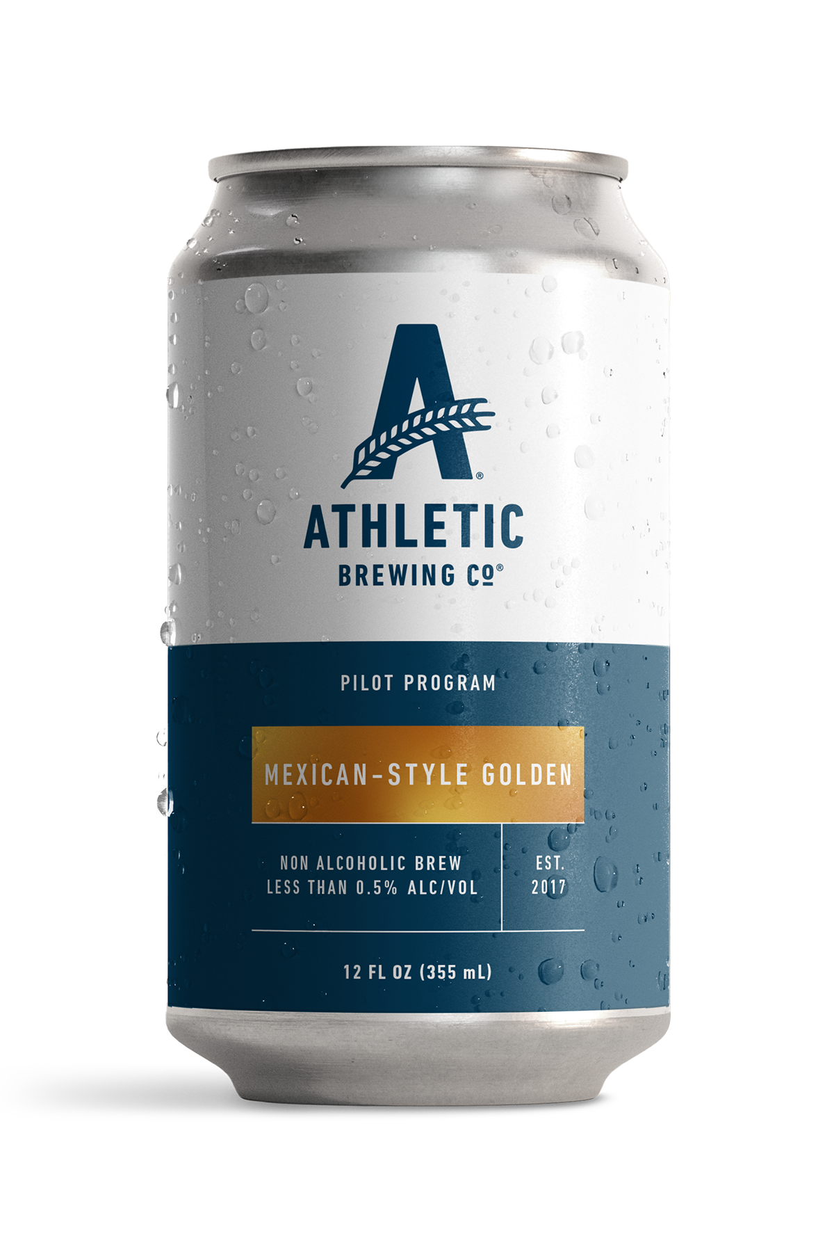12 fl oz can of Athletic Brewing Pilot Program Mexican-Style Golden non-alcoholic brew with a clean white and navy label accented by a gold nameplate. The can is covered in condensation droplets and features the Athletic Brewing logo, “Pilot Program” branding, and product details including “Less Than 0.5% Alc/Vol.” The can is photographed against a black background, highlighting the limited-release beer packaging.