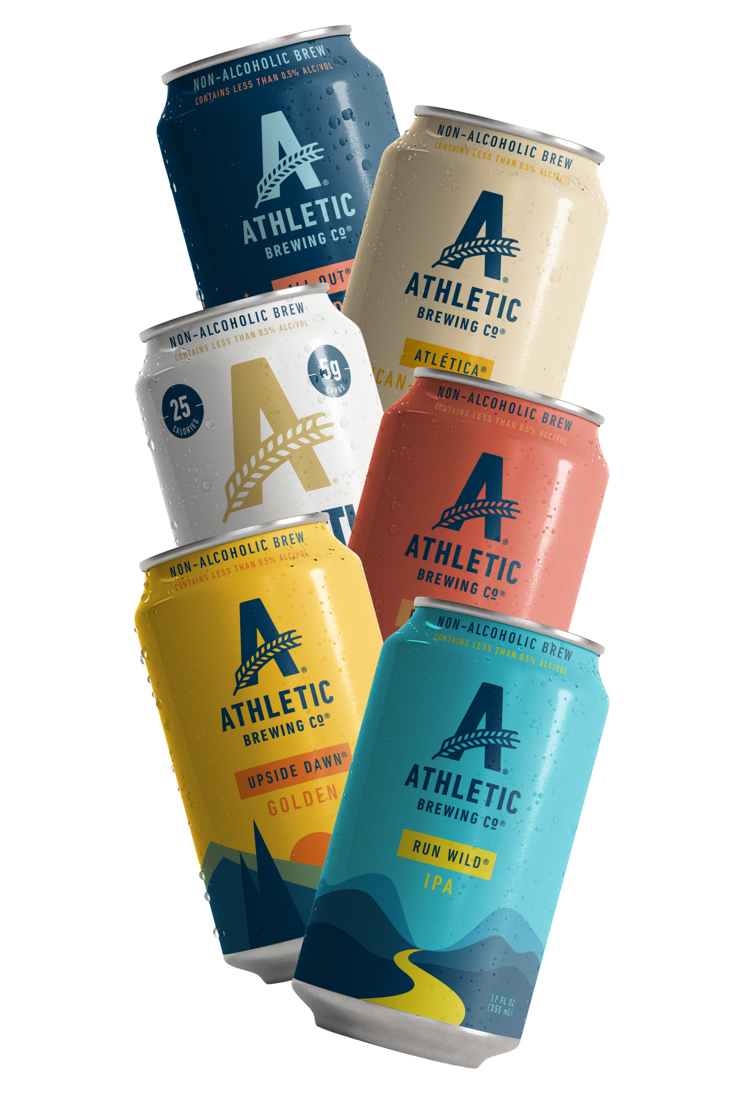 Assorted cans of Athletic Brewing Co. non-alcoholic beer on a white background