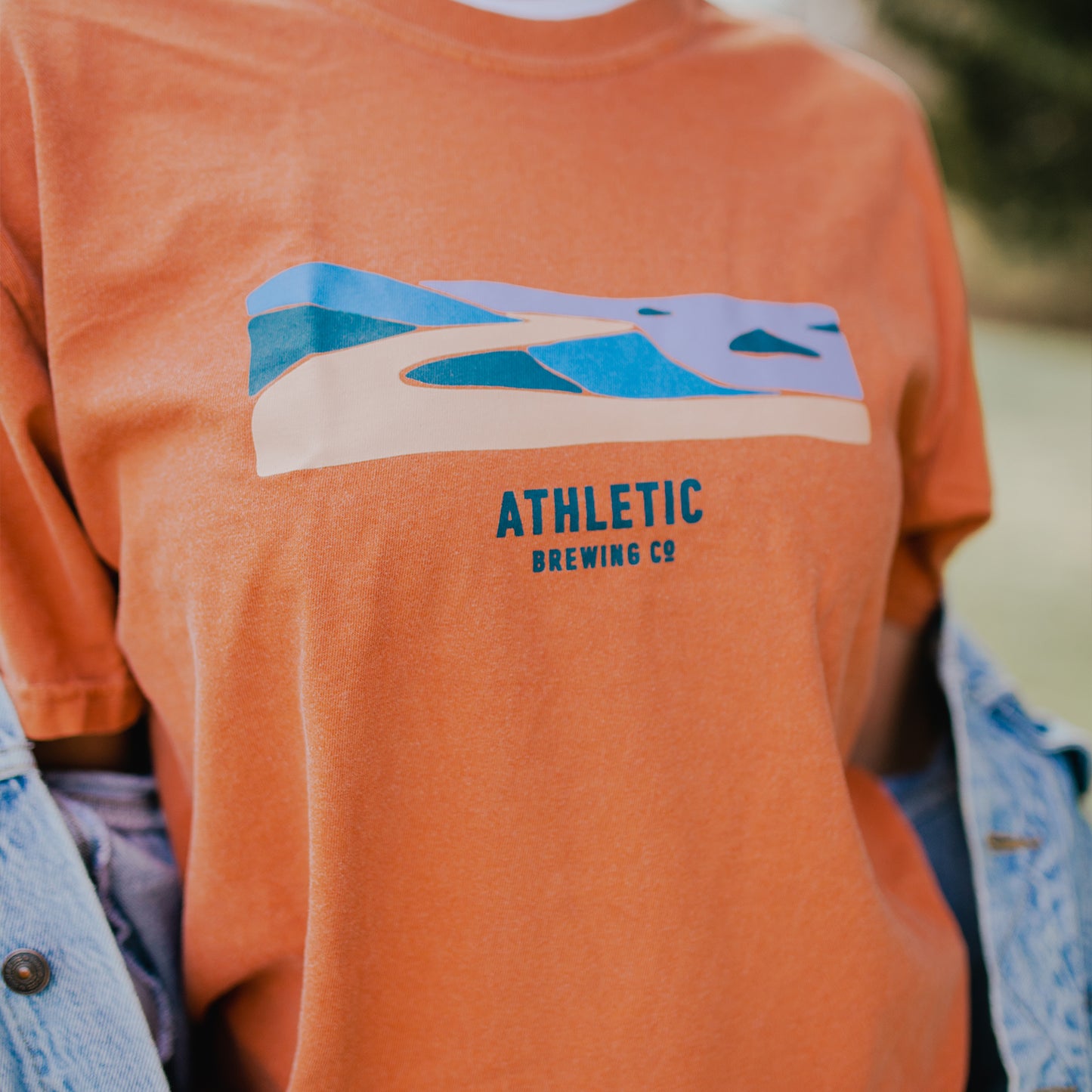 close up image Landscape print t-shirt brown