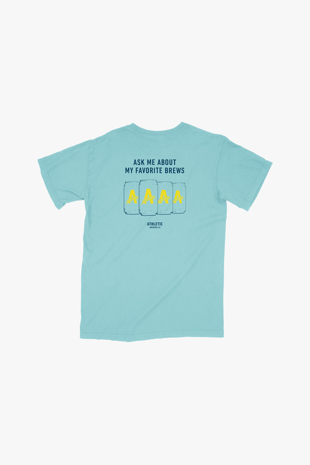 A blue ambassador athletic brewing co t-shirt with cans printed on the back