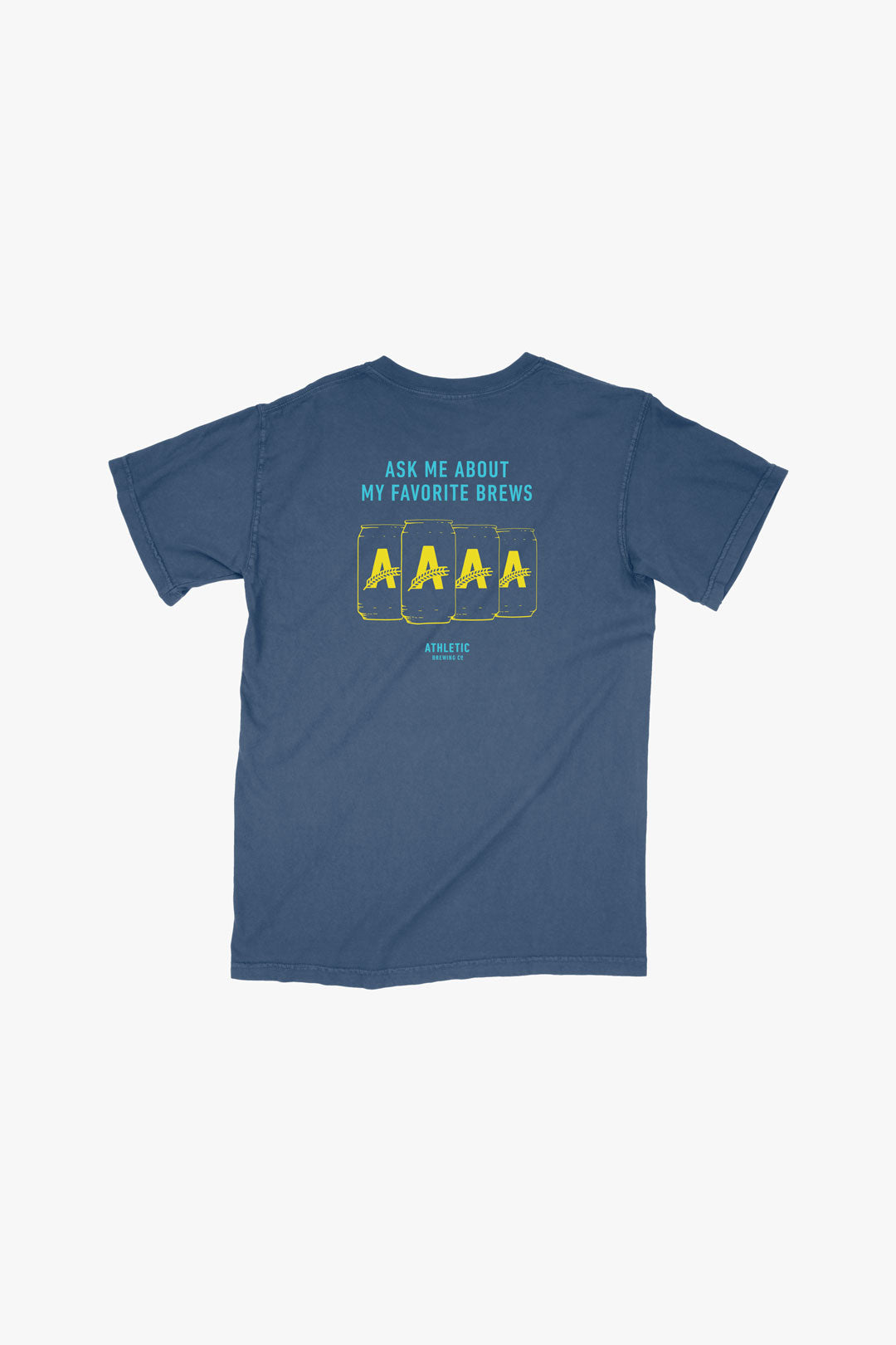 a navy athletic brewing co ambassador t-shirt with cans printed on the back