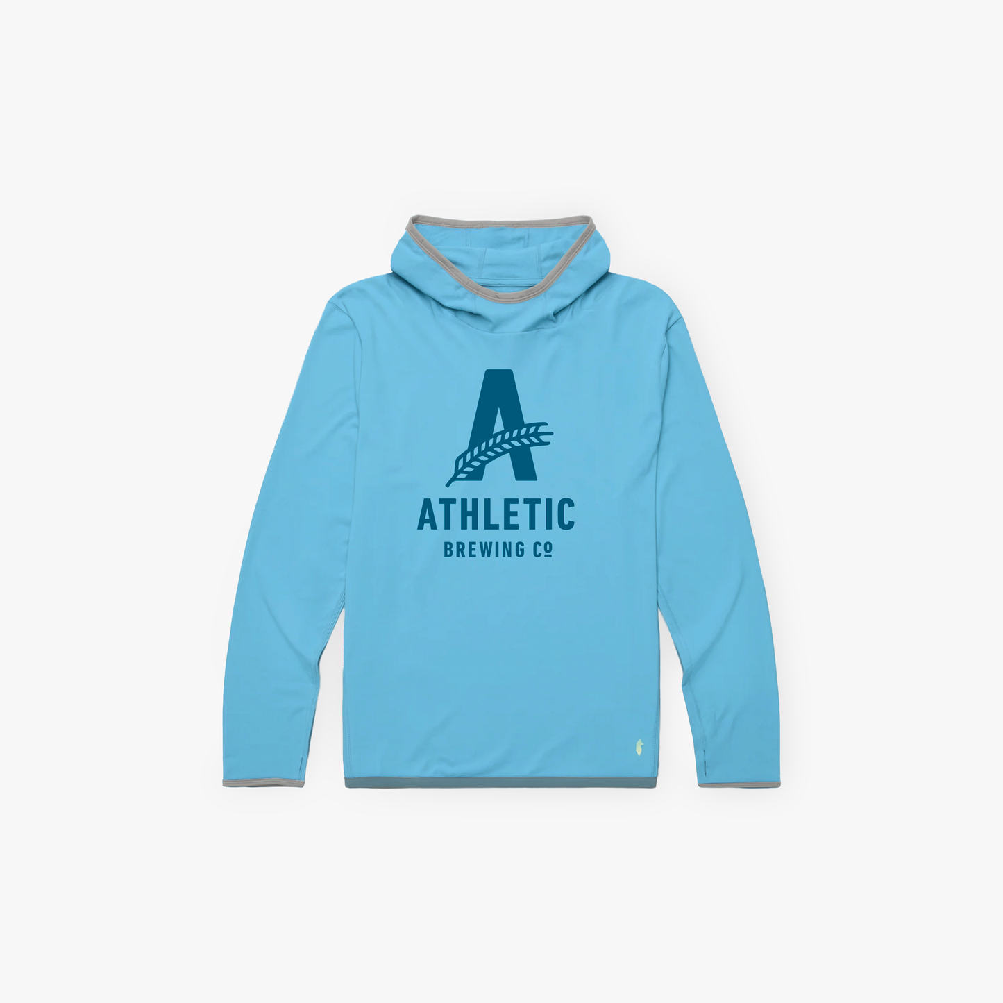 A flat-lay view of a light blue Cotopaxi Sombra hoodie featuring a large dark blue Athletic Brewing Co. "A" logo on the chest and grey trim around the hood.