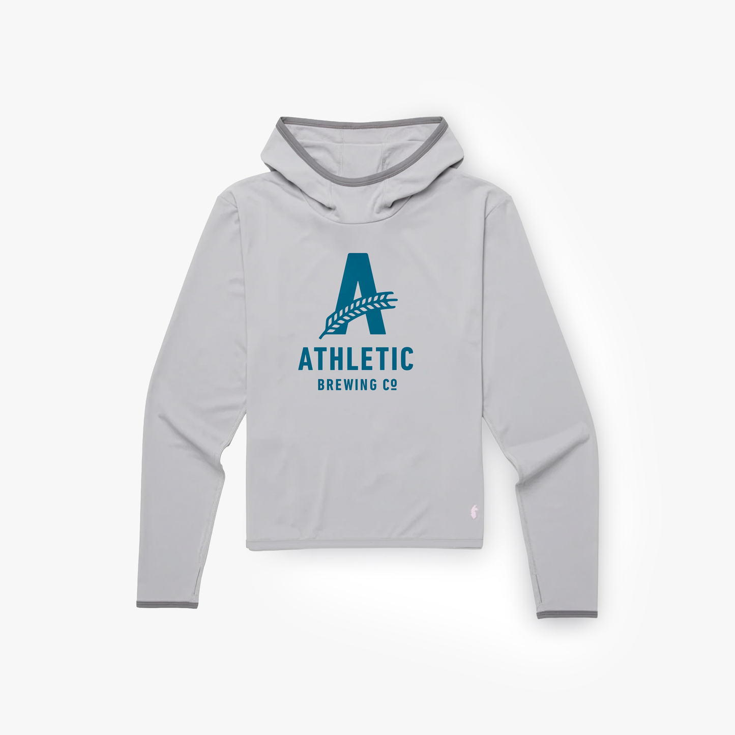 A flat-lay view of a light grey Cotopaxi Sombra hoodie featuring a large dark blue Athletic Brewing Co. "A" logo on the chest.