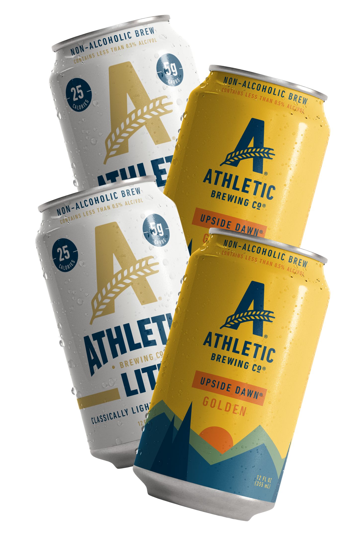 Three cans of Athletic Brewing Co. non-alcoholic brews on a white background