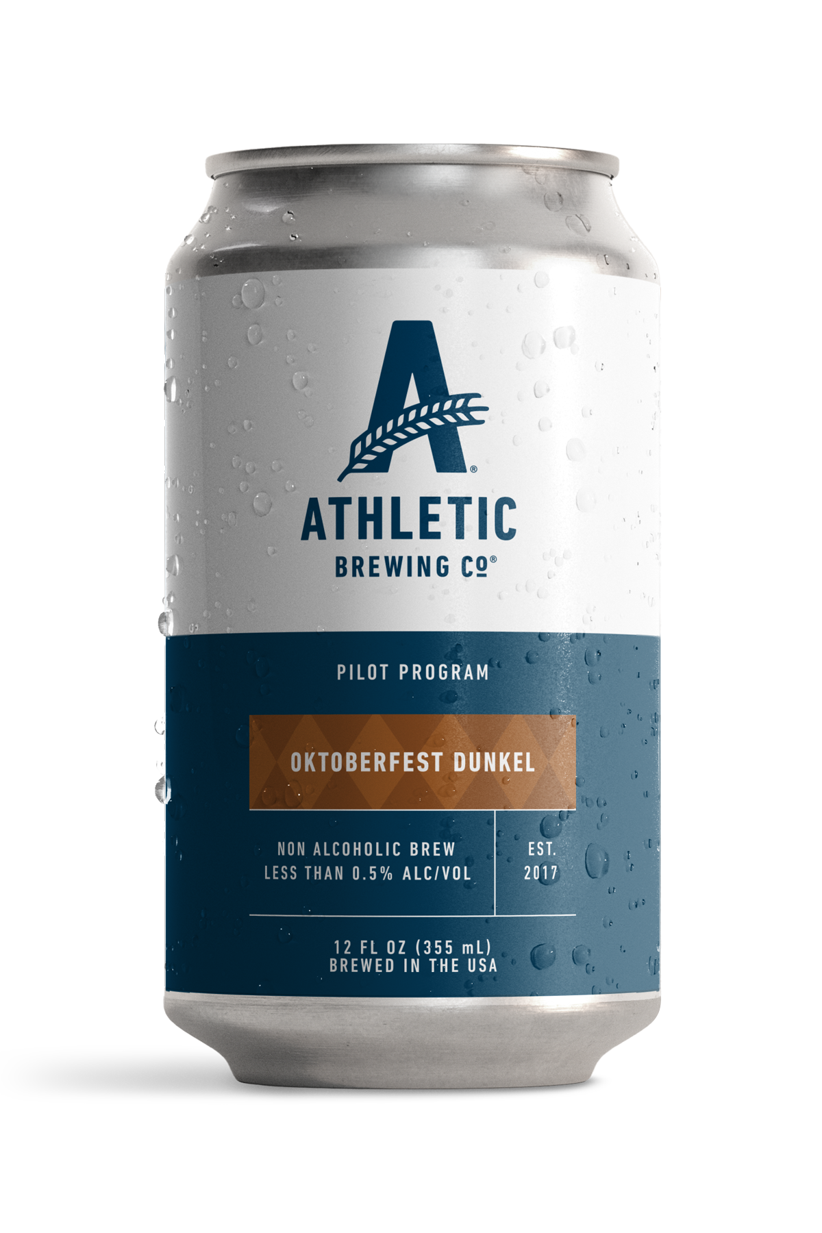 12 fl oz can of Athletic Brewing Oktoberfest Dunkel Pilot Program non-alcoholic brew on a white background. The can features Athletic Brewing's signature white and navy Pilot Program design with a warm brown label accented by a subtle Bavarian diamond pattern. Condensation droplets cover the can, emphasizing a cold, refreshing beverage.