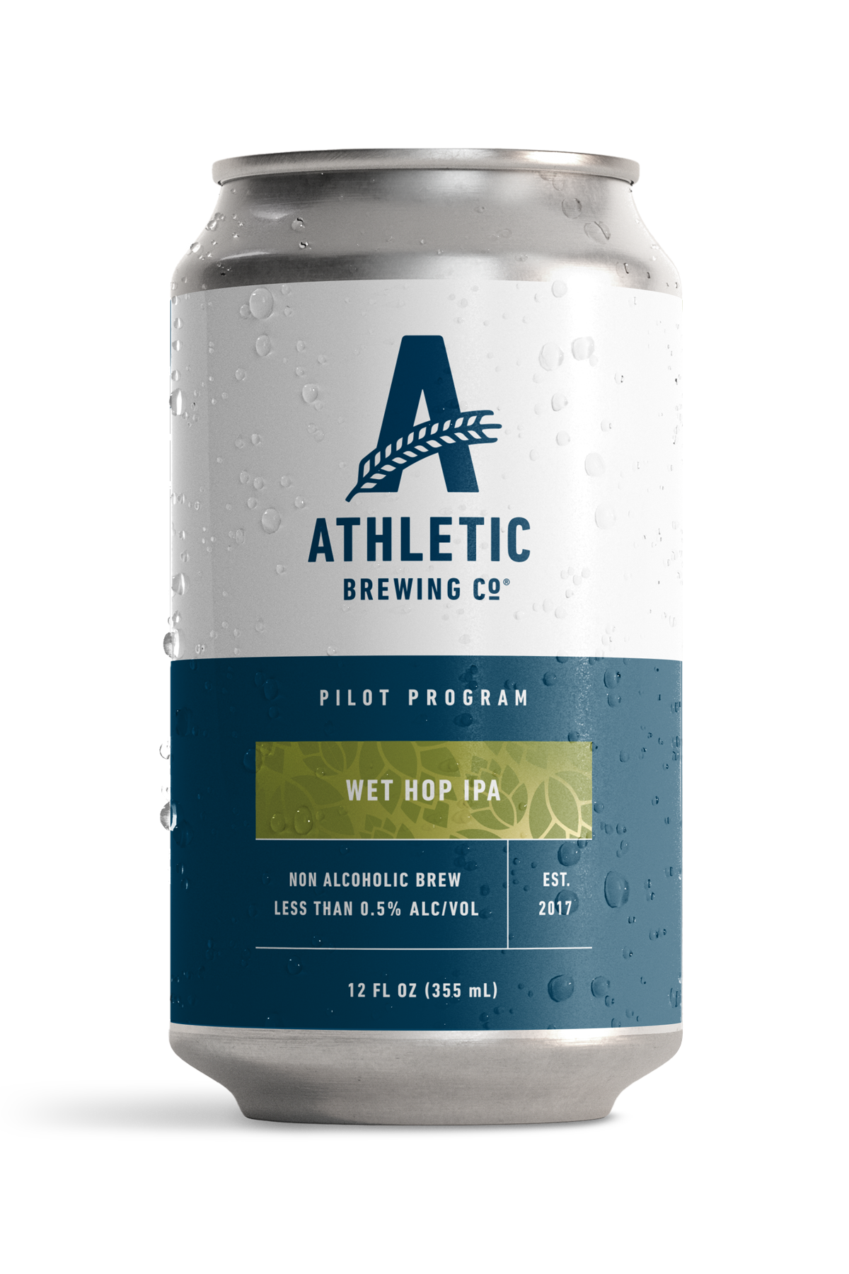Athletic Brewing Company Pilot Program Wet Hop IPA non-alcoholic beer 12 oz can with a white and navy blue label, green Wet Hop IPA banner, and condensation droplets.