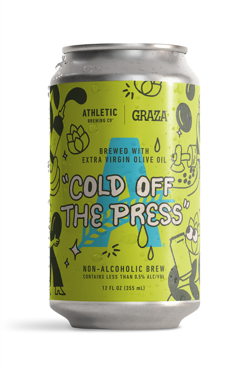 Athletic Brewing Co. and Graza Cold Off the Press non-alcoholic brew can, brewed with extra virgin olive oil, featuring a bright green illustrated label.