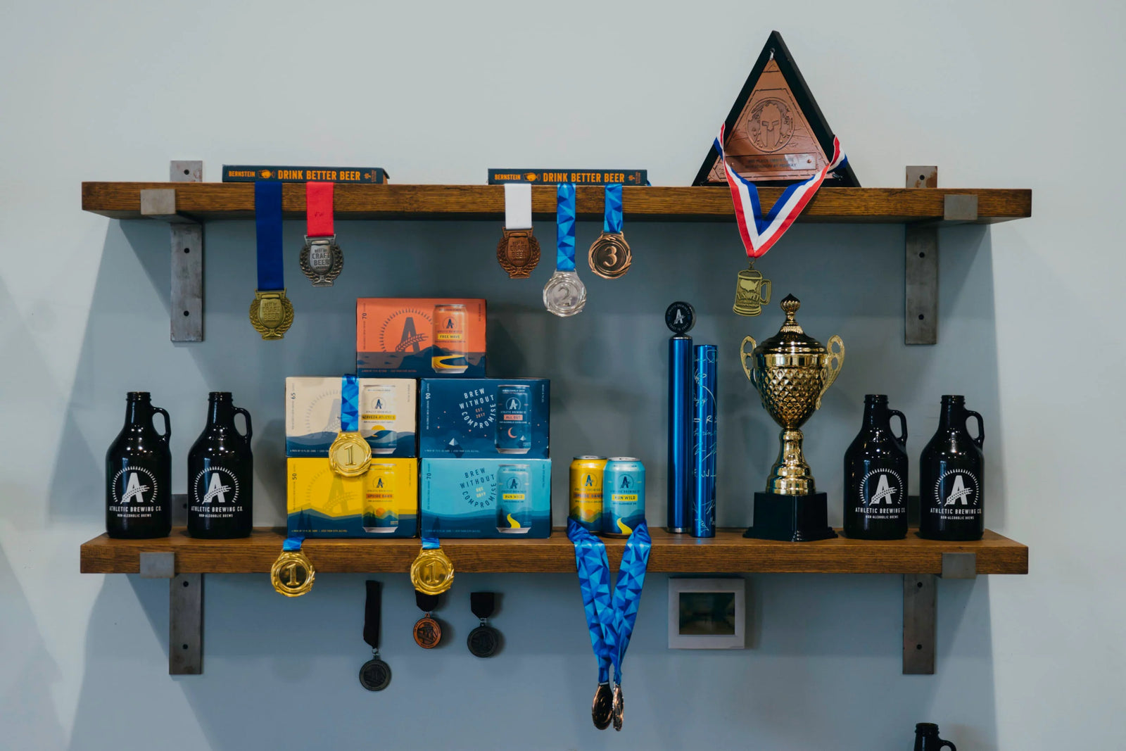 Shelf of brews and award medals