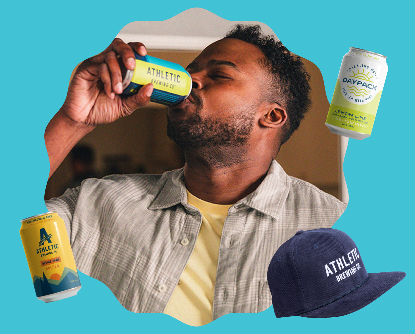 person drinking NA beer surrounded by floating products