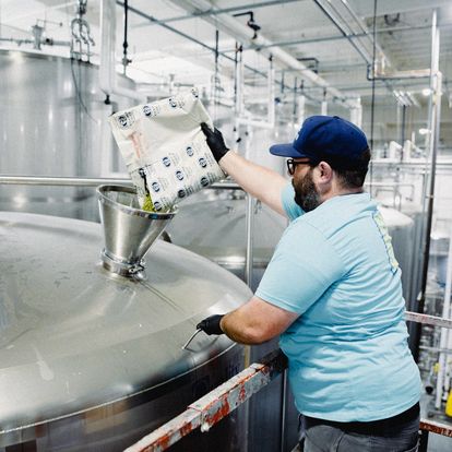 person putting hops in tank