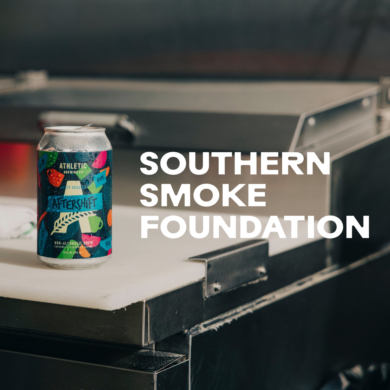 can of Aftershift non-alocoholic beer in a kitchen with text "southern smoke foundation"
