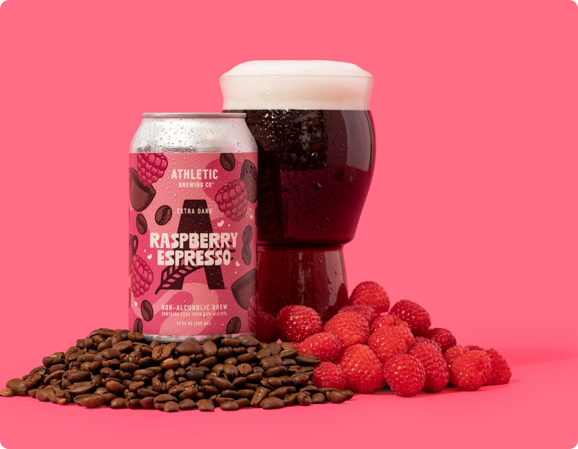 Raspberry Espresso can next to glass and ingredients