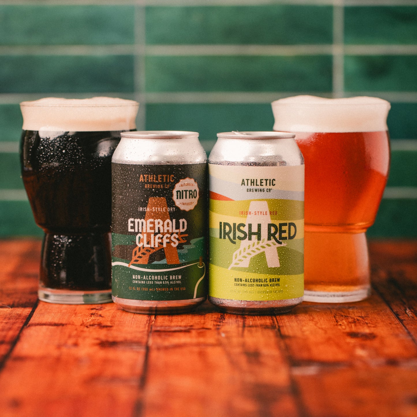 Emerald Cliffs and Irish Red cans with poured glasses.