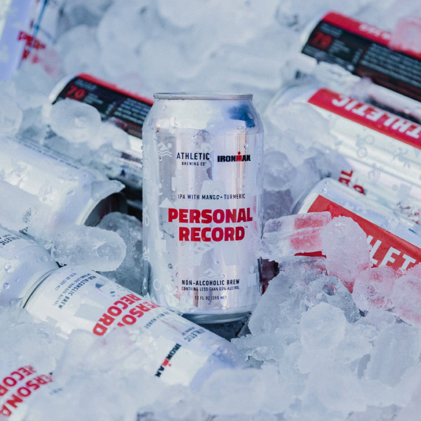 Personal Record IPA cans chilled in a bed of ice.
