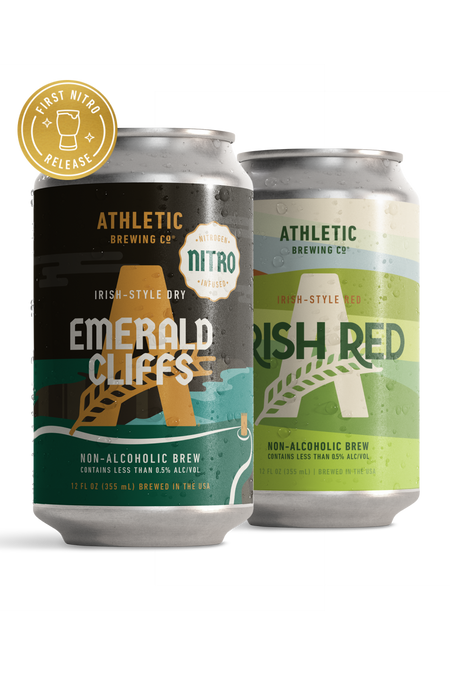 Athletic Brewing Nitro Emerald Cliffs and Irish Red cans.