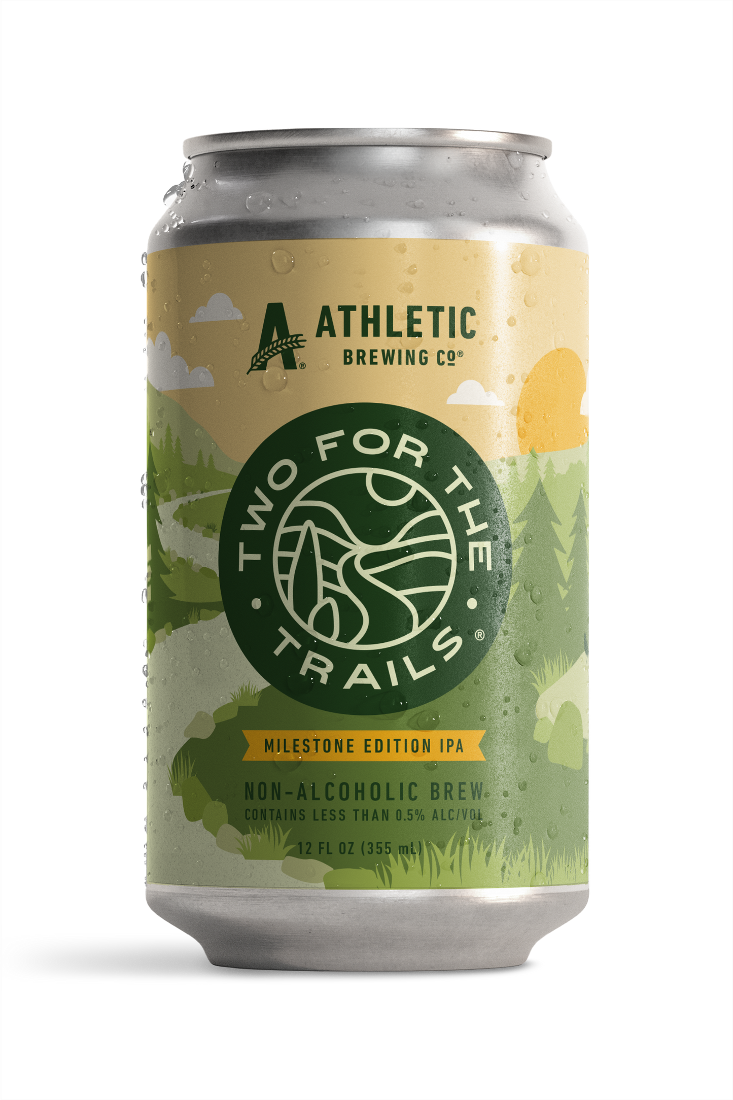 Condensation-covered can of Athletic Brewing Two for The Trails Milestone Edition IPA. The label features a stylized green forest landscape.