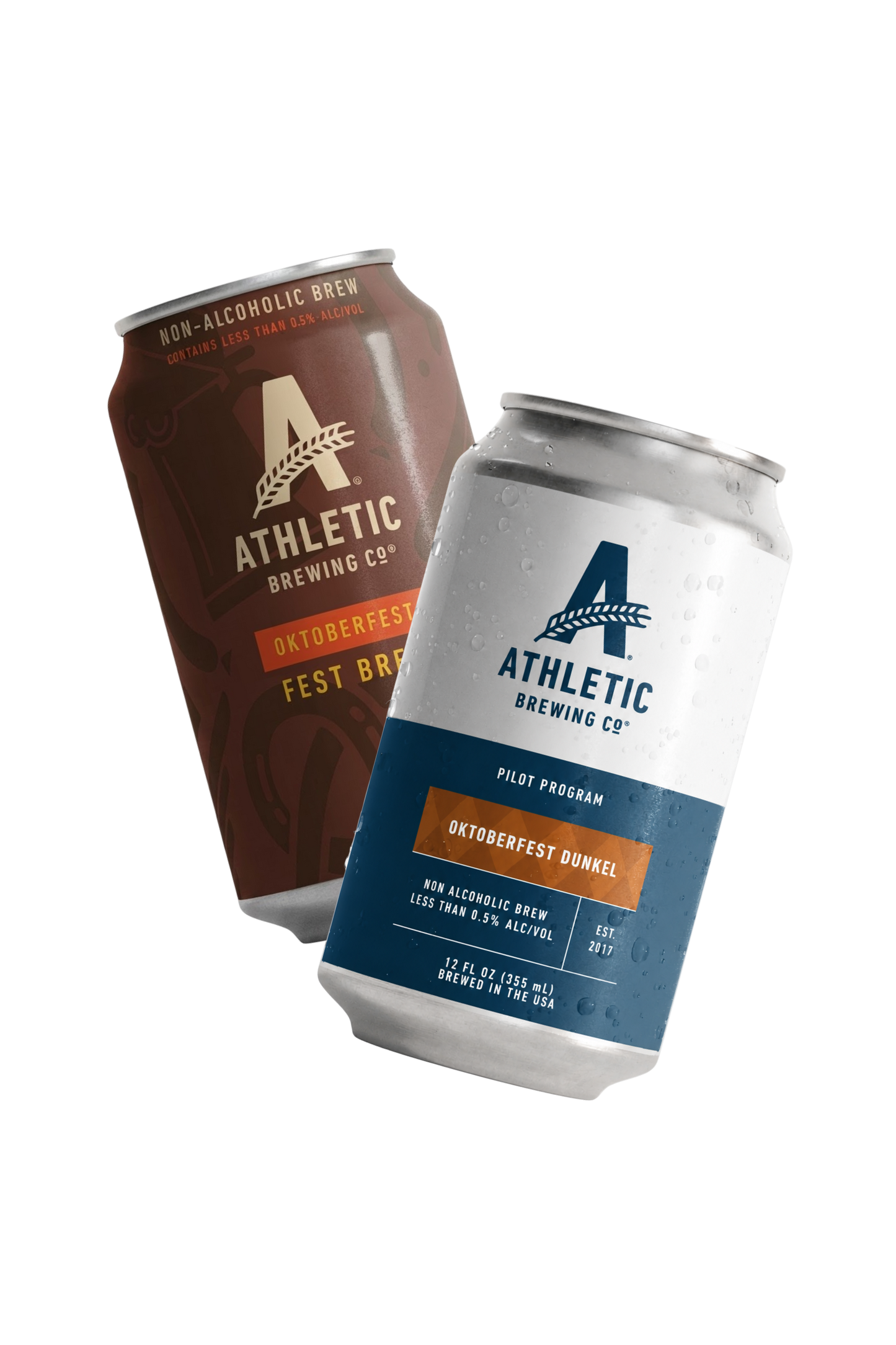 Athletic Brewing Oktoberfest Fest Brew and Pilot Program Oktoberfest Dunkel non-alcoholic beer cans angled side by side.
