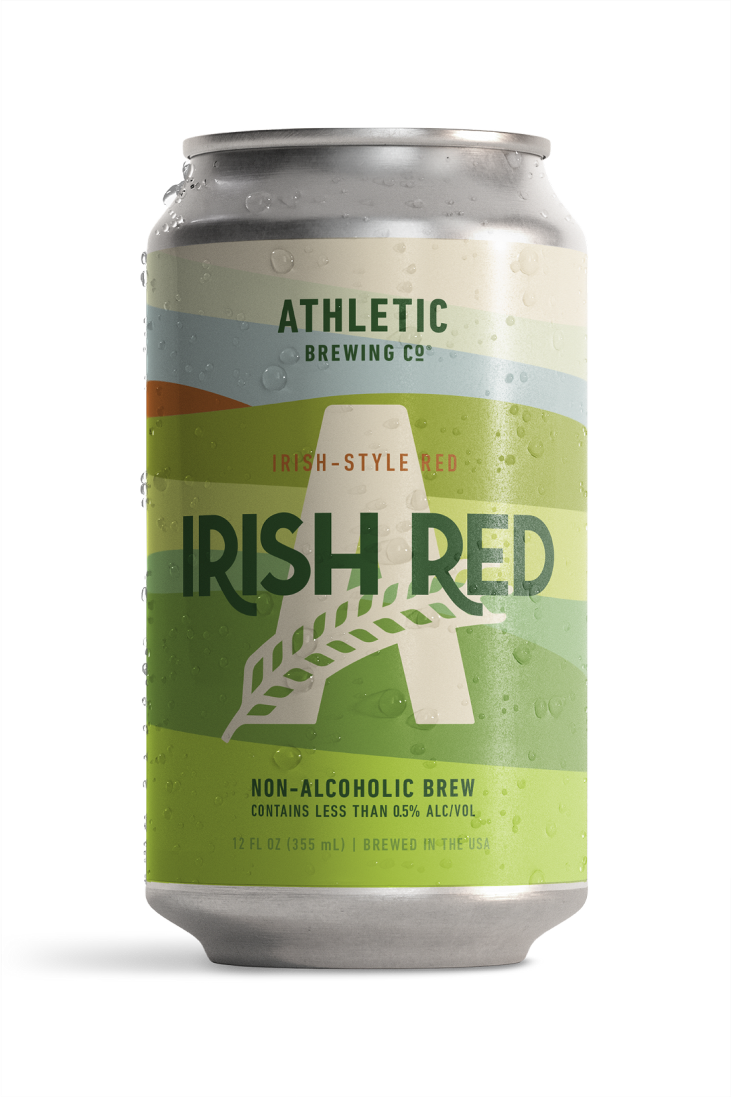 Condensation-covered can of Athletic Brewing Irish Red.