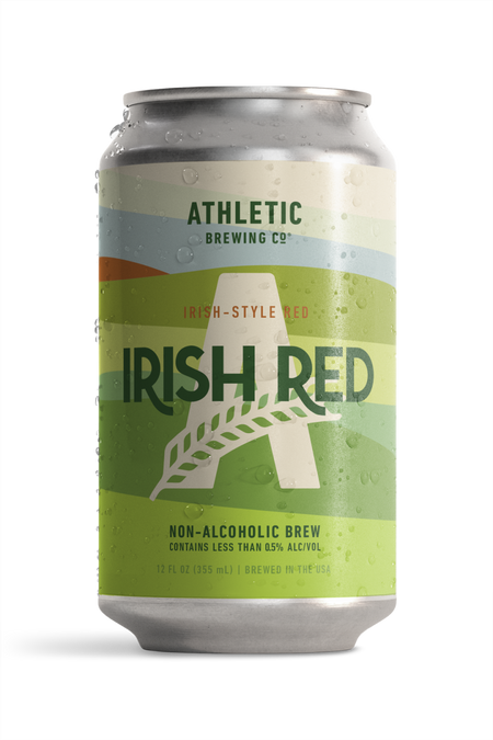 Condensation-covered can of Athletic Brewing Irish Red.