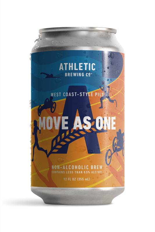 Athletic Brewing Move As One West Coast-Style Pils 12 oz non-alcoholic beer can featuring a blue and orange label with running, cycling, and adaptive sports illustrations.