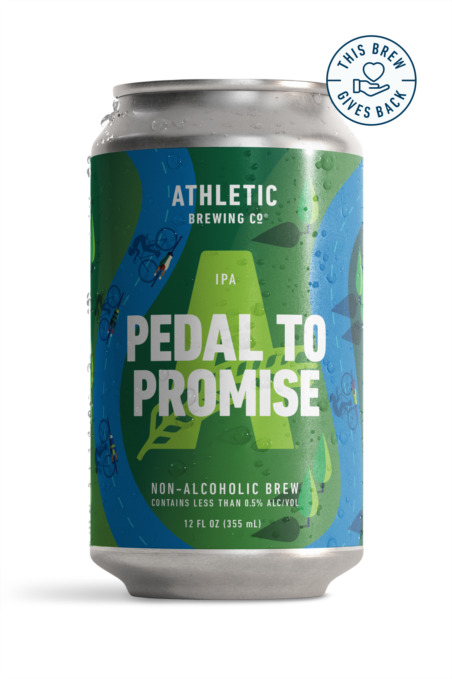 Athletic Brewing Pedal to Promise non-alcoholic IPA can featuring a green and blue cycling-inspired design, with a “With Beer, Every Mile” badge near the top.