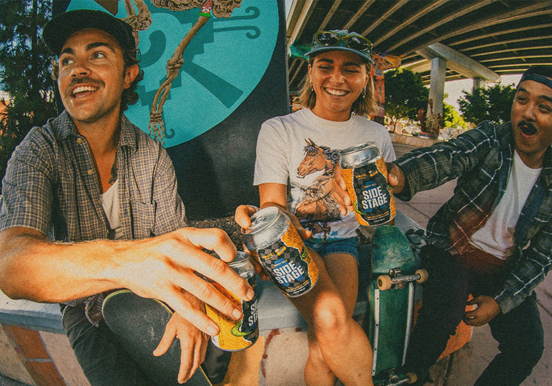 an animated gif of side stage NA beer and people holding and drinking it at a skate park