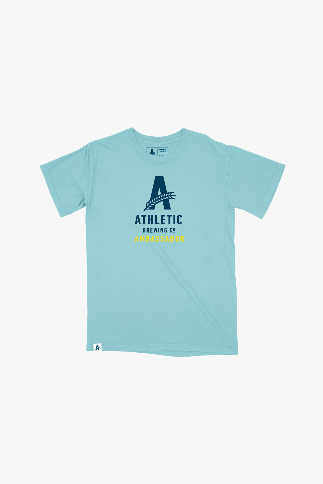A blue ambassador athletic brewing co t-shirt