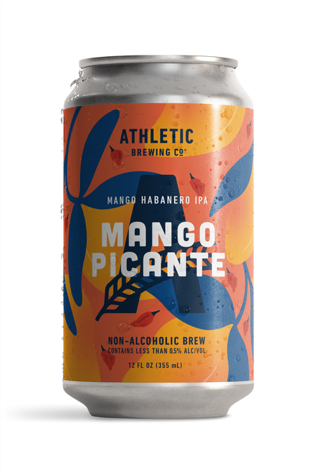 12 fl oz can of Athletic Brewing Mango Picante, a mango habanero IPA-style non-alcoholic brew. The can features a vibrant orange, yellow, and blue tropical-inspired design with illustrations of mango leaves and red habanero peppers surrounding a large Athletic “A” logo. The label reads “Mango Picante,” “Mango Habanero IPA,” and “Contains Less Than 0.5% Alc/Vol.” Condensation droplets cover the can, shown against a black background.